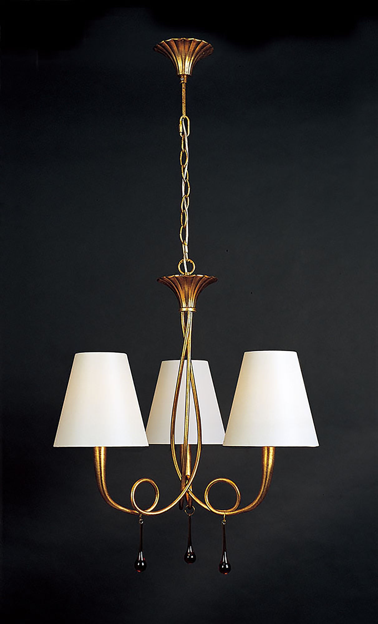 Paola Pendant 3 Light E14, Gold Painted With Cream Shades & Amber Glass Droplets (3542) by Mantra