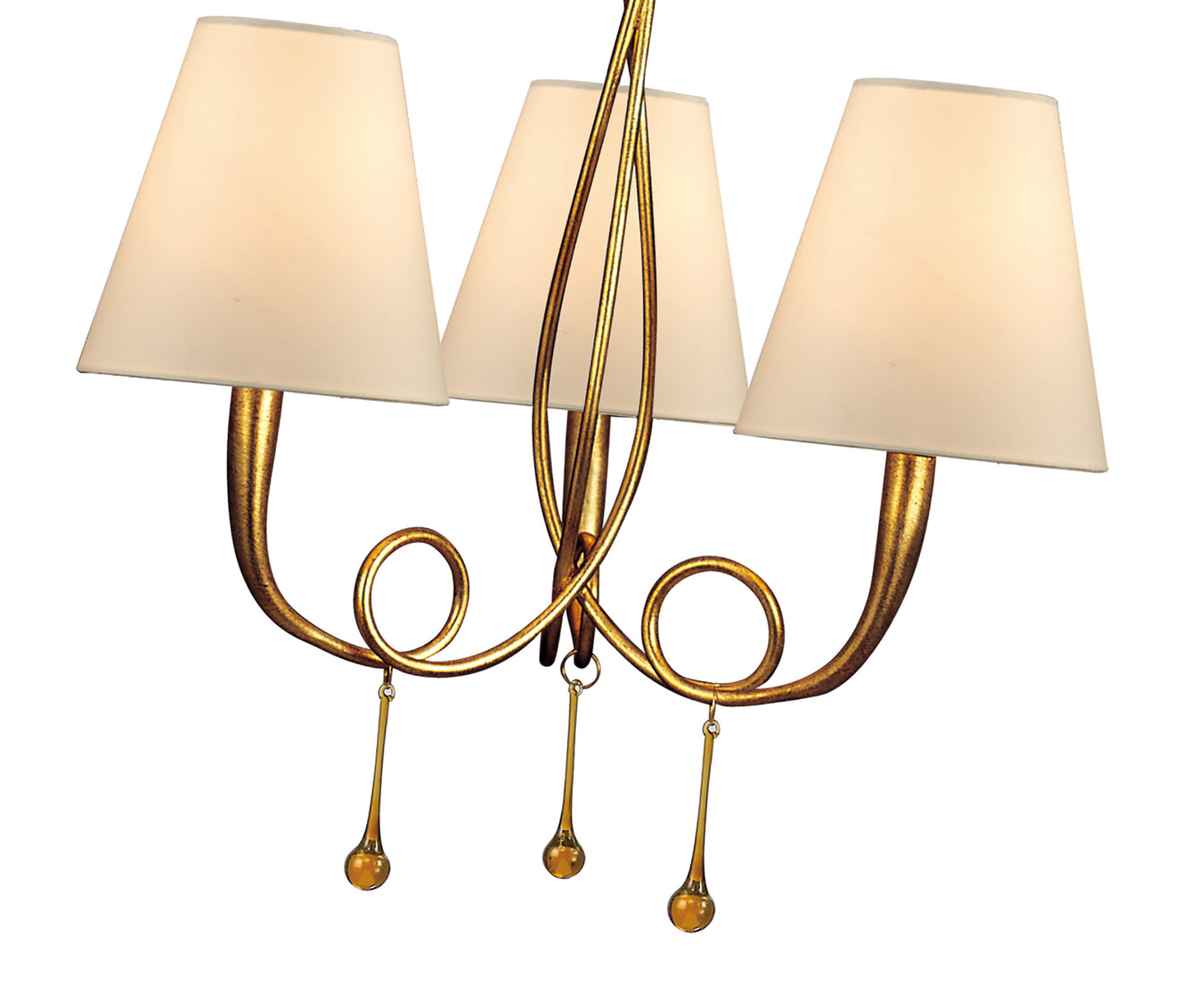 Paola Pendant 3 Light E14, Gold Painted With Cream Shades & Amber Glass Droplets (3542) by Mantra