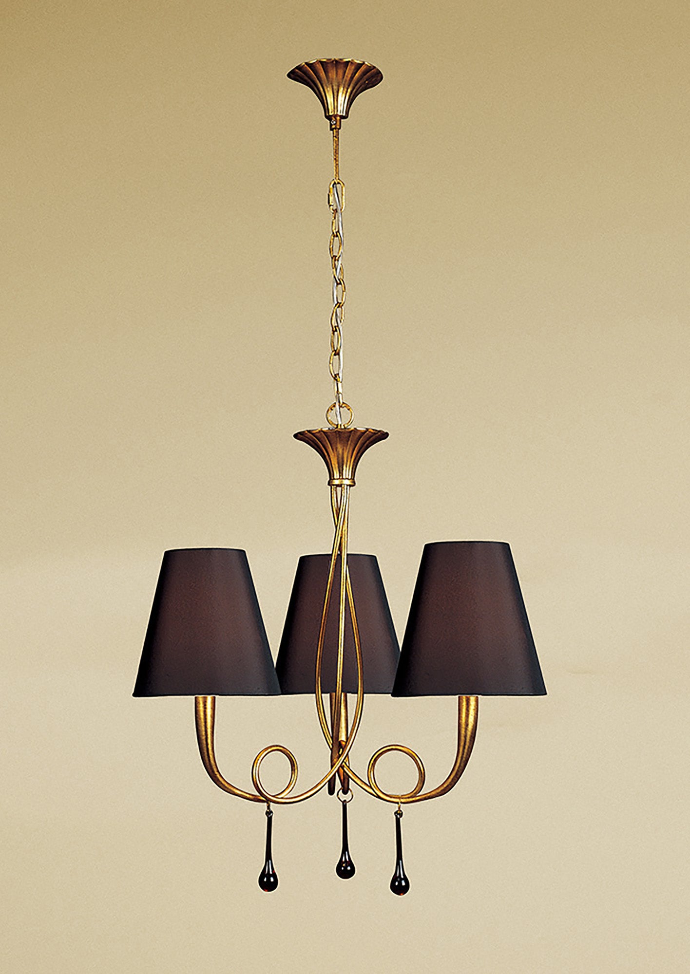 Paola Pendant 3 Light E14, Gold Painted With Black Shades & Amber Glass Droplets by Mantra