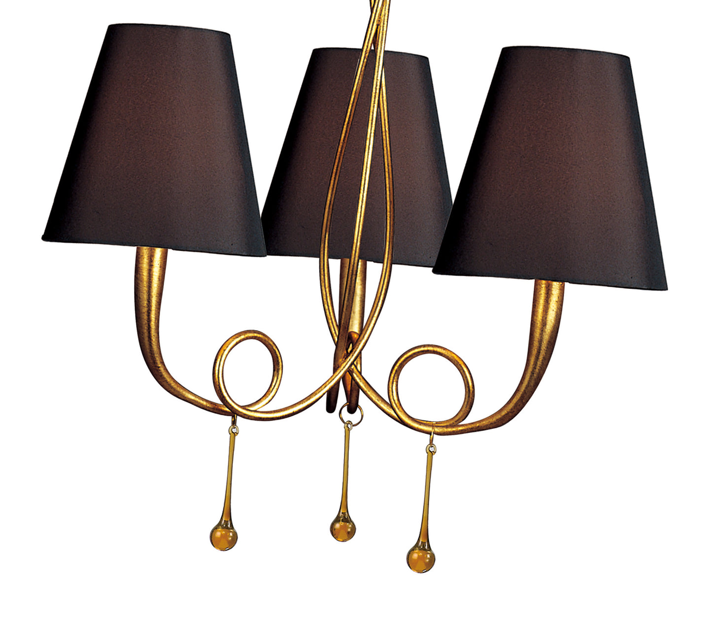 Paola Pendant 3 Light E14, Gold Painted With Black Shades & Amber Glass Droplets by Mantra