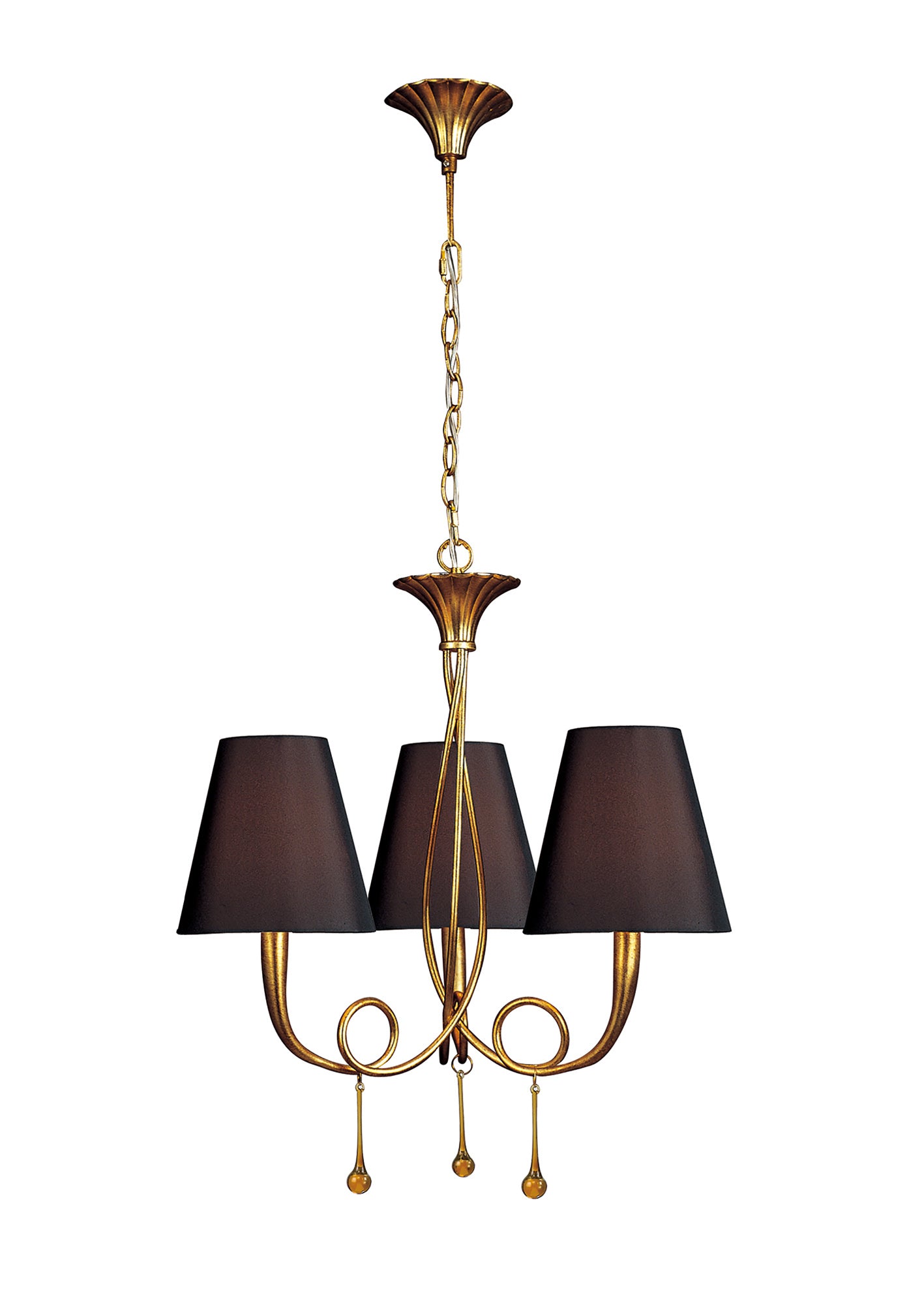 Paola Pendant 3 Light E14, Gold Painted With Black Shades & Amber Glass Droplets by Mantra