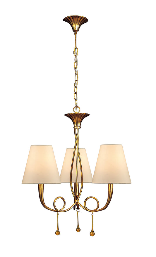 Paola Pendant 3 Light E14, Gold Painted With Cream Shades & Amber Glass Droplets (3542) by Mantra