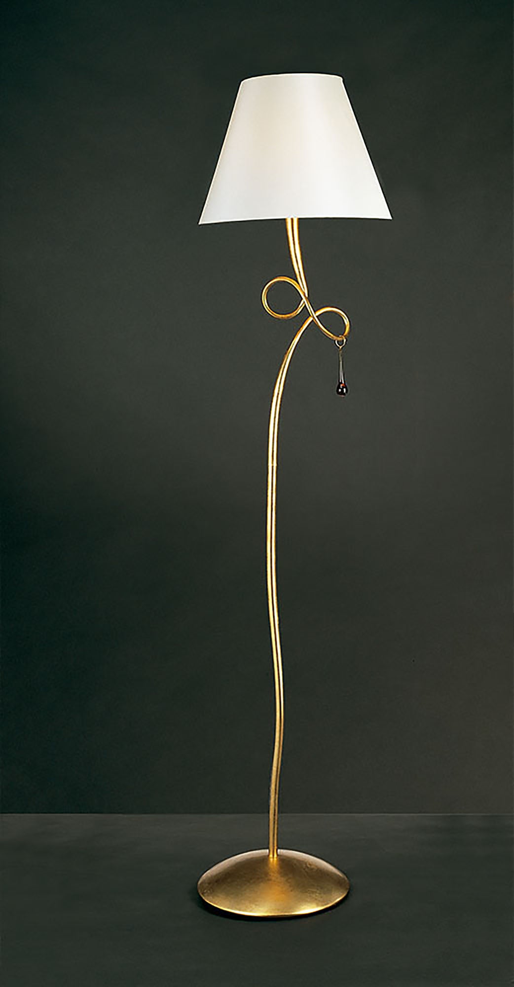 Paola Floor Lamp 1 Light E27, Gold Painted With Cream Shade & Amber Glass Droplets (3543) by Mantra