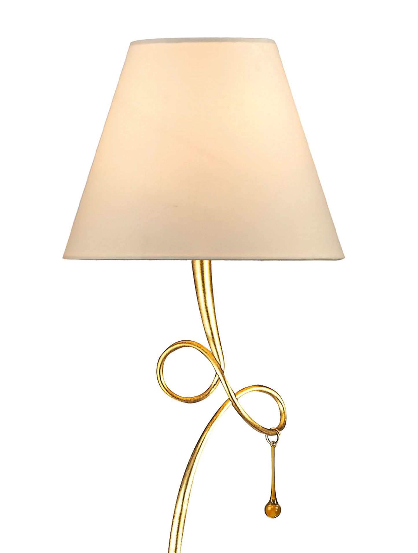 Paola Floor Lamp 1 Light E27, Gold Painted With Cream Shade & Amber Glass Droplets (3543) by Mantra