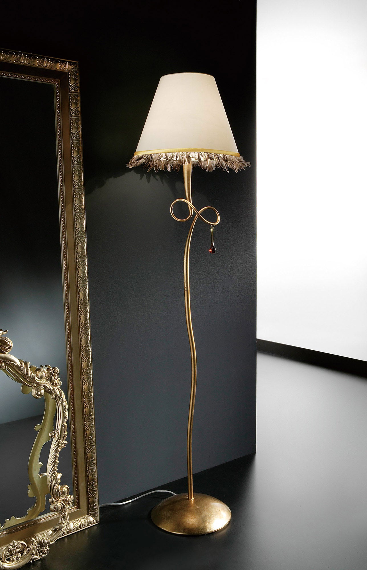 Paola Floor Lamp 1 Light E27, Gold Painted With Cream Shade & Amber Glass Droplets (3543) by Mantra