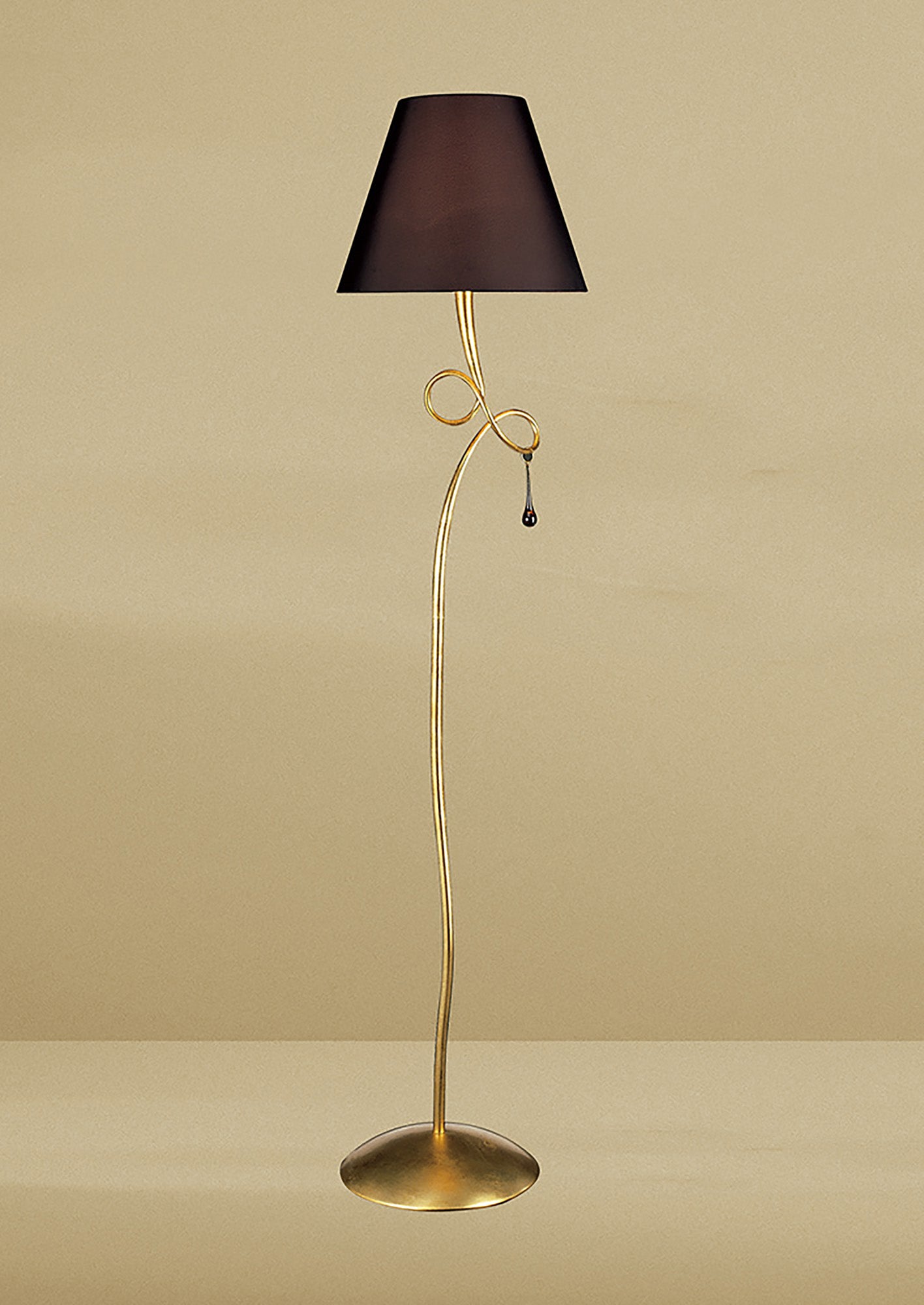 Paola Floor Lamp 1 Light E27, Gold Painted With Black Shade & Amber Glass Droplets by Mantra