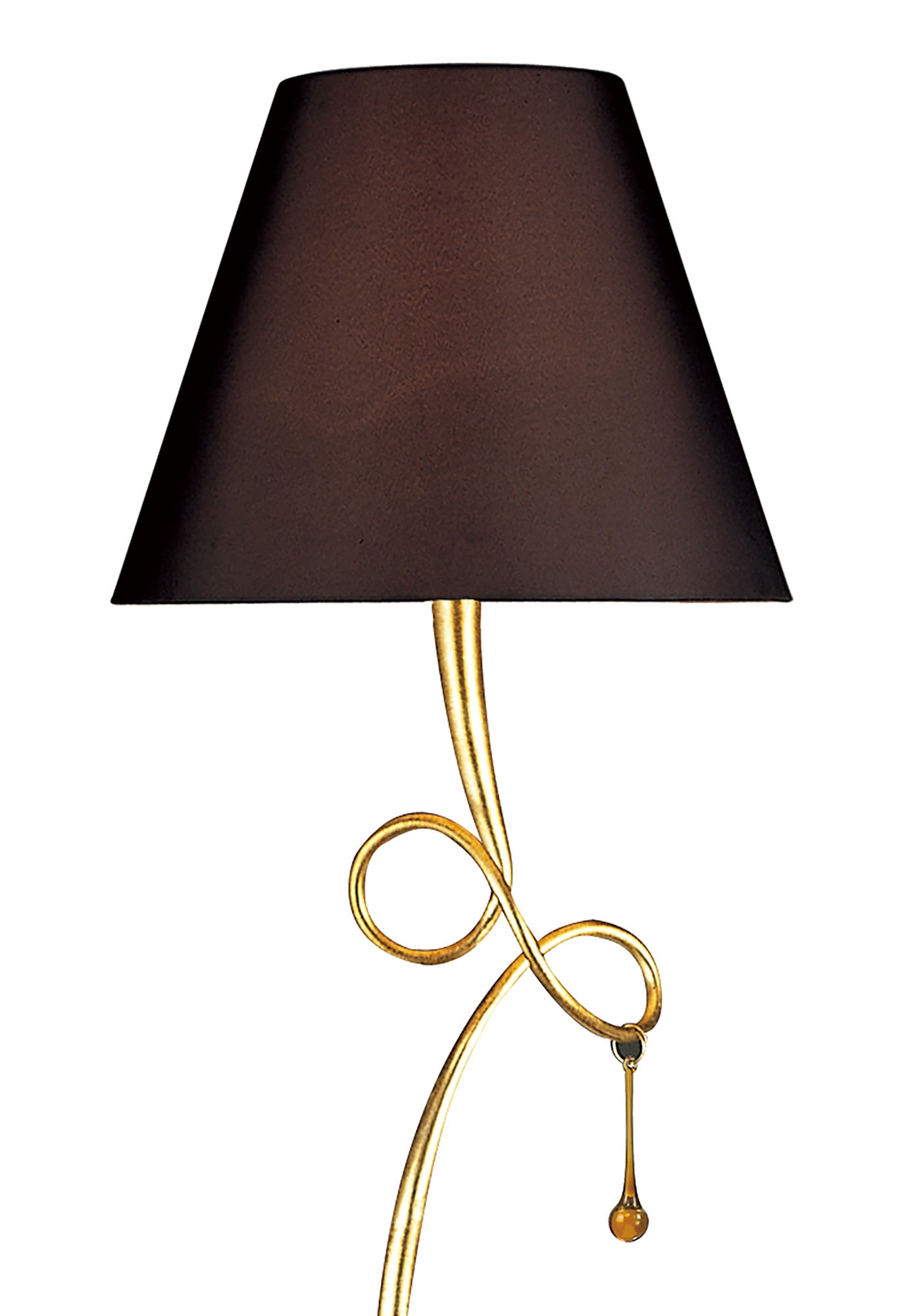 Paola Floor Lamp 1 Light E27, Gold Painted With Black Shade & Amber Glass Droplets by Mantra