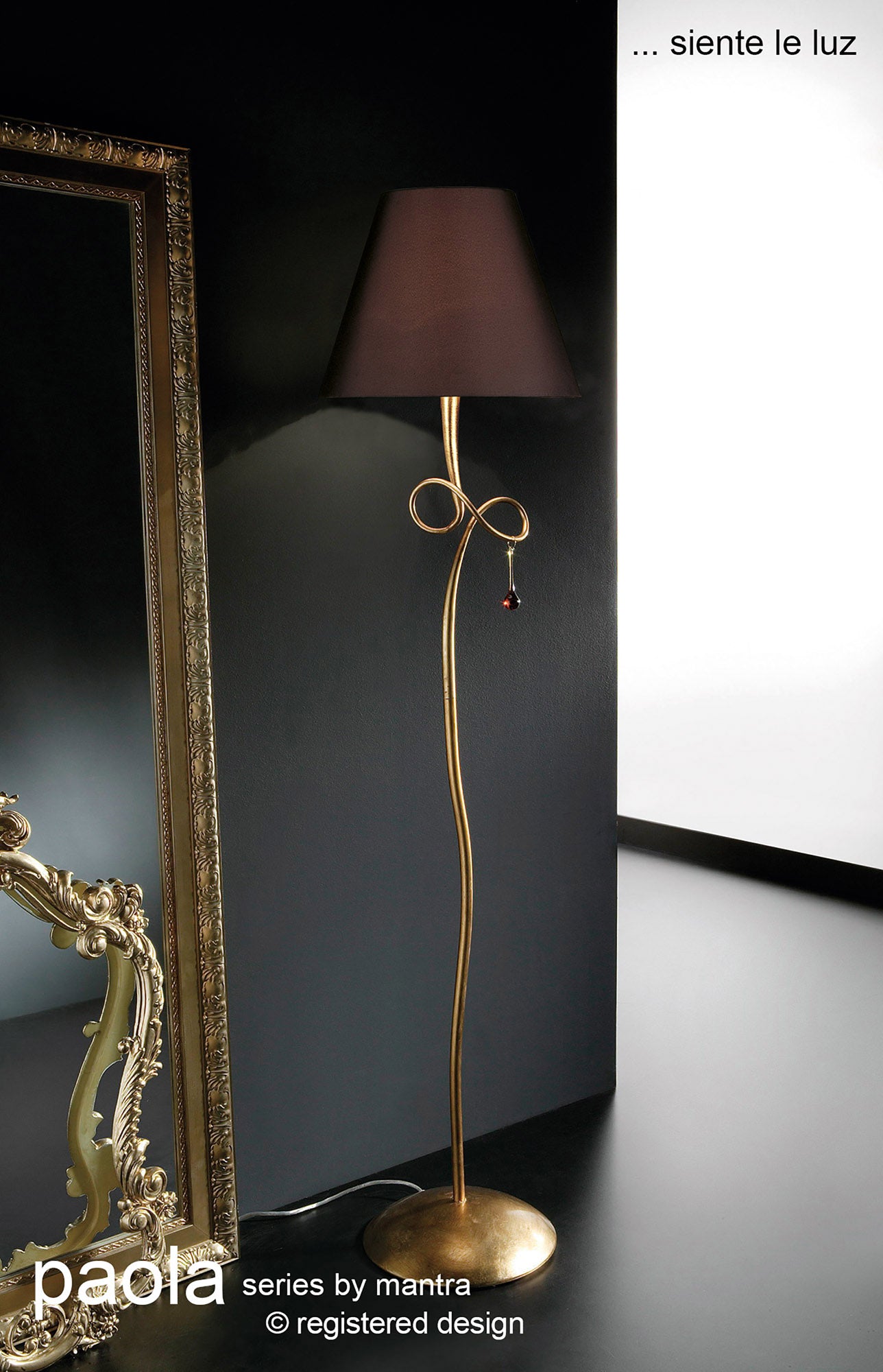 Paola Floor Lamp 1 Light E27, Gold Painted With Black Shade & Amber Glass Droplets by Mantra