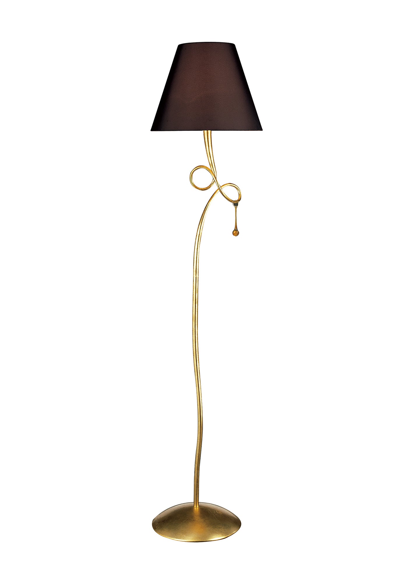 Paola Floor Lamp 1 Light E27, Gold Painted With Black Shade & Amber Glass Droplets by Mantra