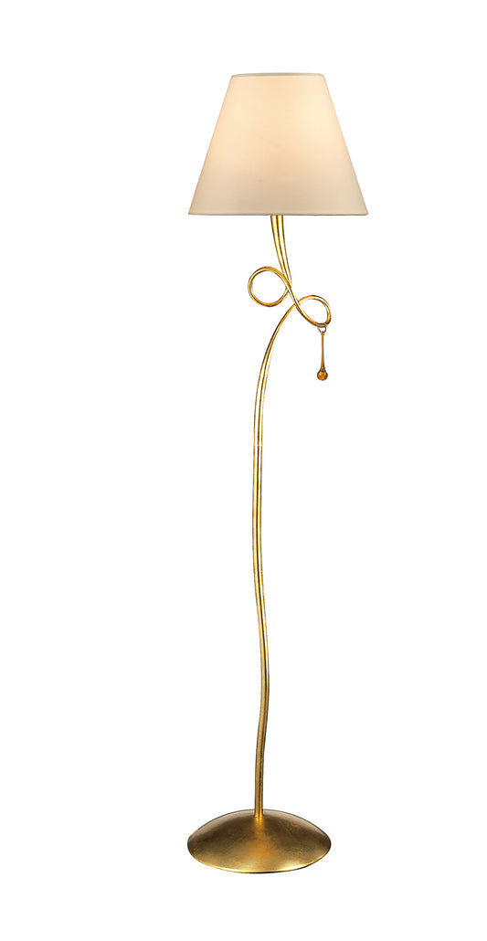 Paola Floor Lamp 1 Light E27, Gold Painted With Cream Shade & Amber Glass Droplets (3543) by Mantra