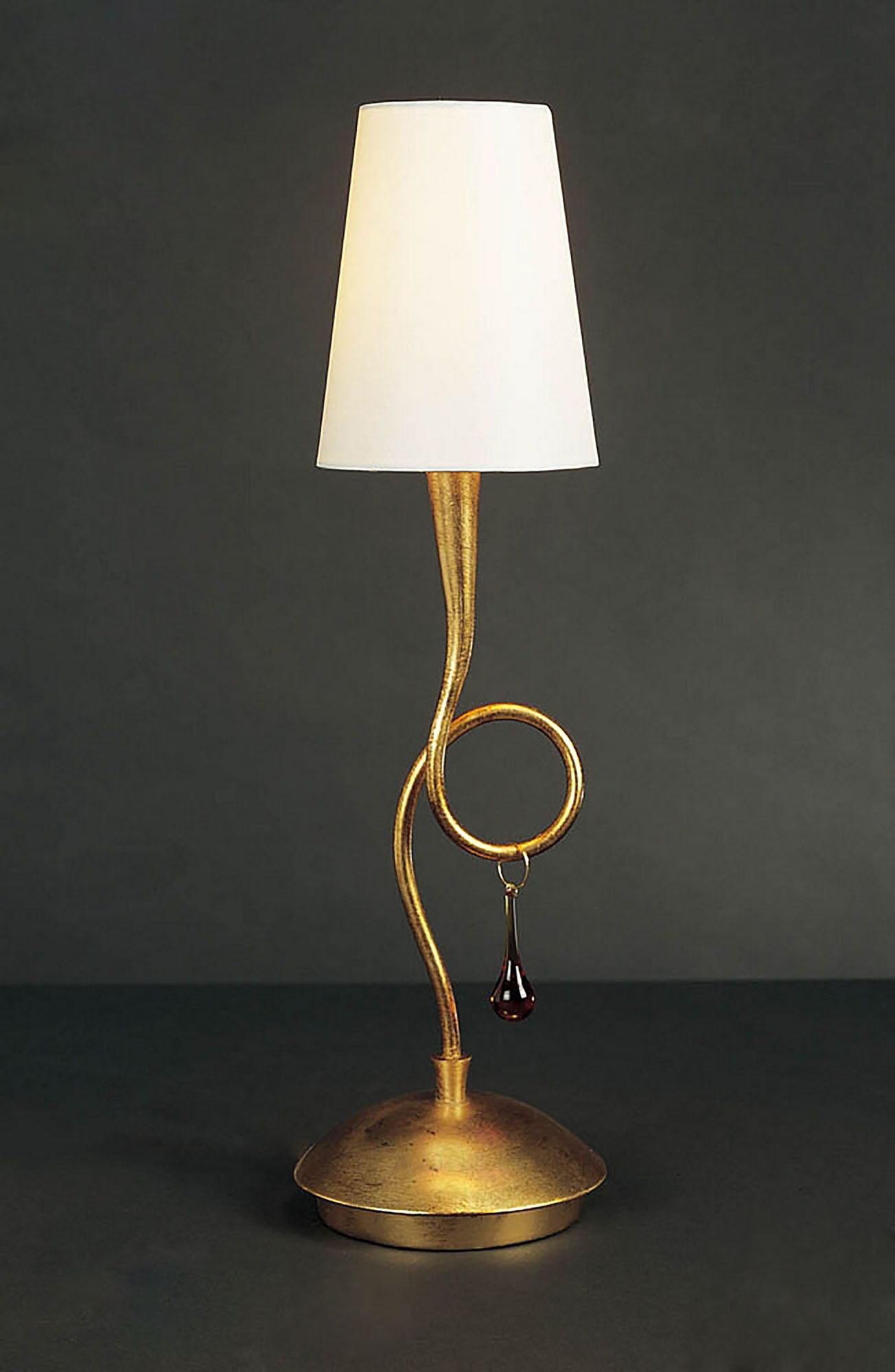 Paola Table Lamp 1 Light E14, Gold Painted With Cream Shade & Amber Glass Droplets (3545) by Mantra