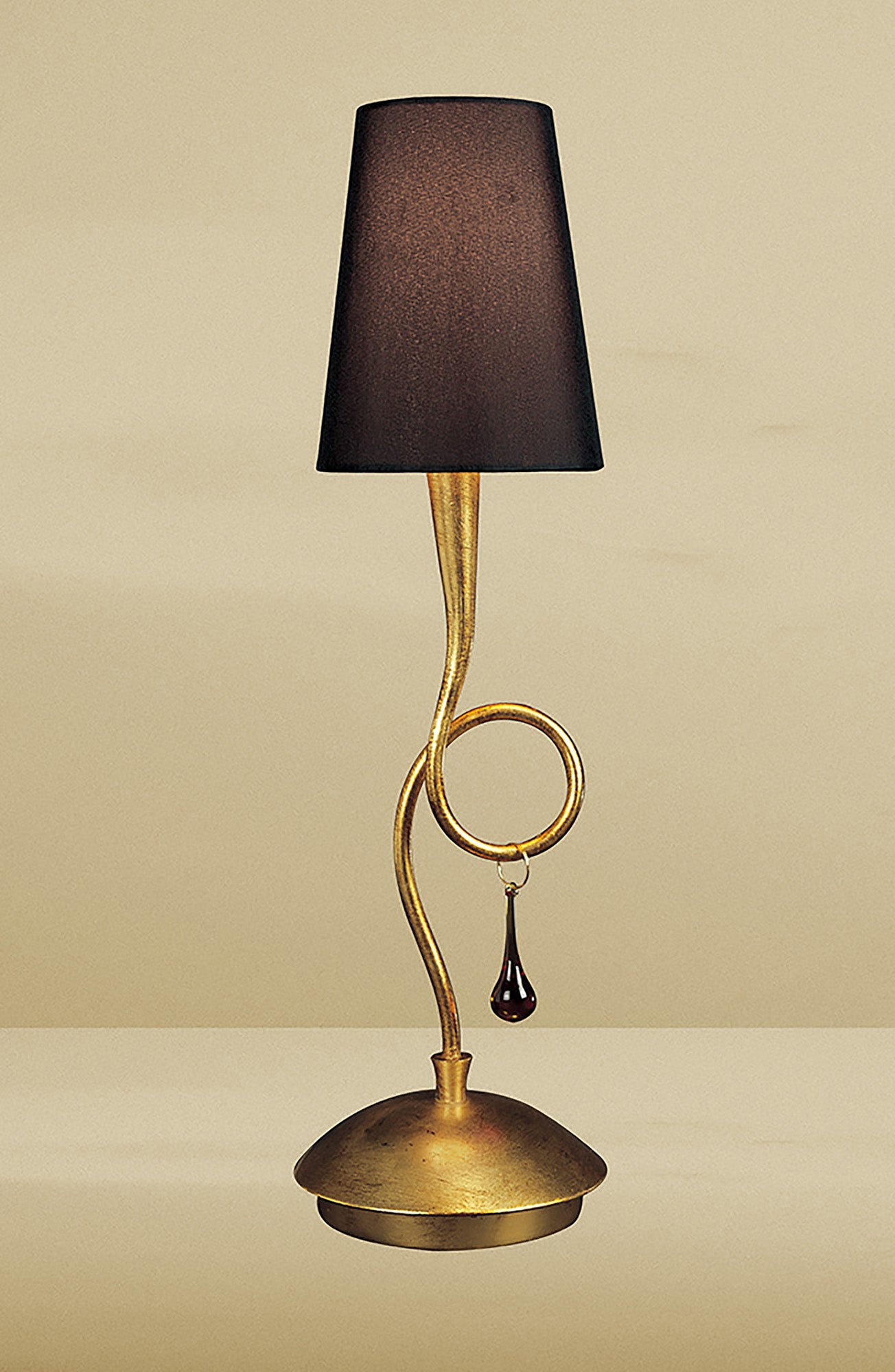 Paola Table Lamp 1 Light E14, Gold Painted With Black Shade & Amber Glass Droplets by Mantra