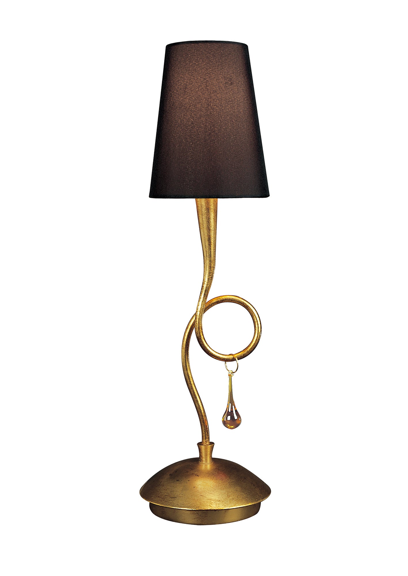 Paola Table Lamp 1 Light E14, Gold Painted With Black Shade & Amber Glass Droplets by Mantra