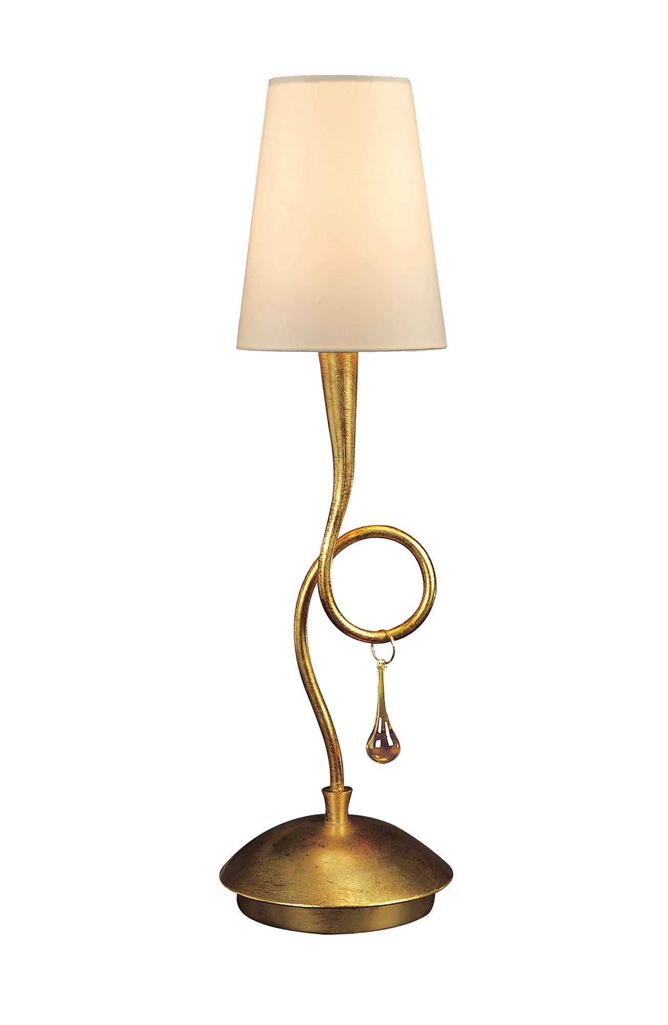 Paola Table Lamp 1 Light E14, Gold Painted With Cream Shade & Amber Glass Droplets (3545) by Mantra