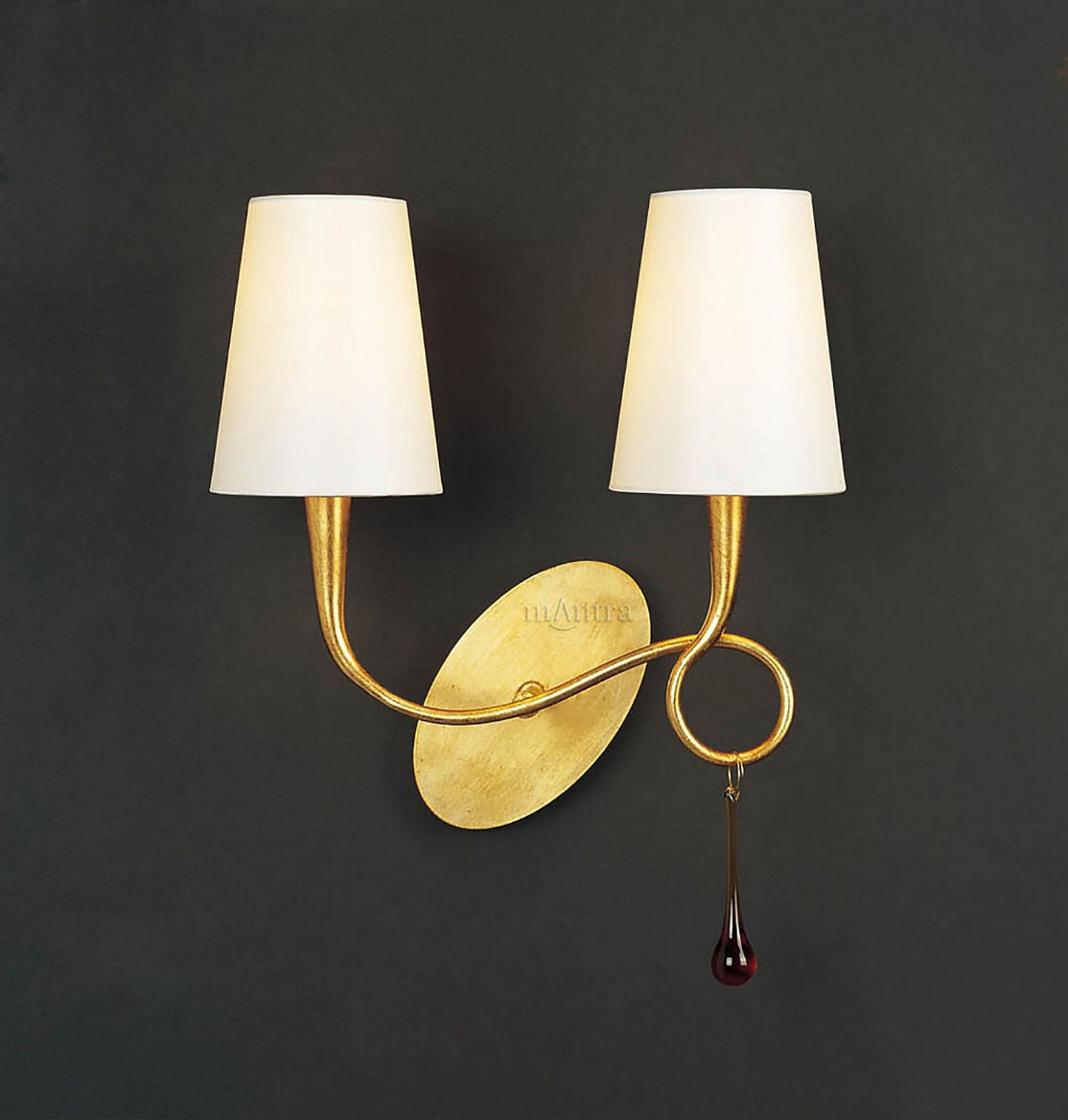 Paola Wall Lamp 2 Light E14, Gold Painted With Cream Shades & Amber Glass Droplets (3547) by Mantra