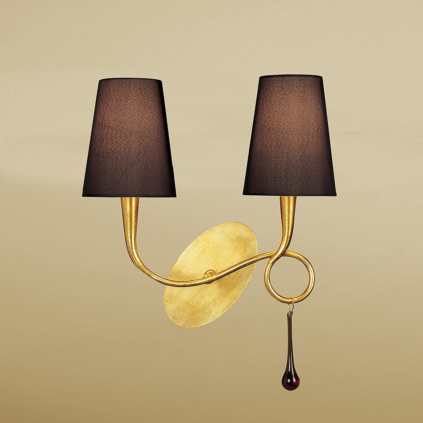 Paola Wall Lamp 2 Light E14, Gold Painted With Black Shades & Amber Glass Droplets by Mantra