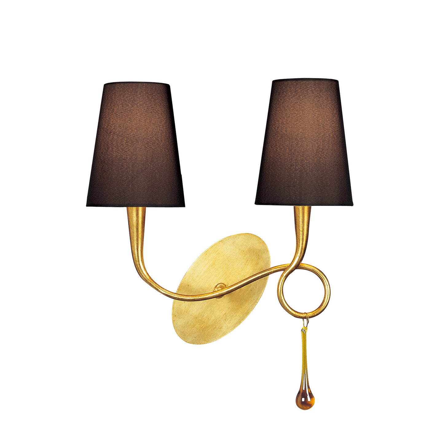 Paola Wall Lamp 2 Light E14, Gold Painted With Black Shades & Amber Glass Droplets by Mantra