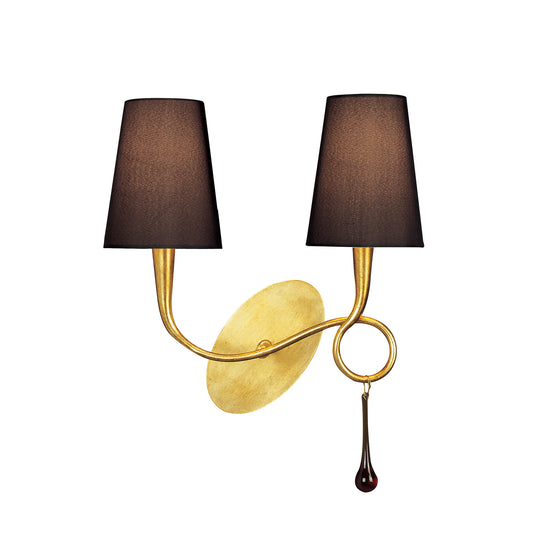 Paola Wall Lamp Switched 2 Light E14, Gold Painted With Black Shades & Amber Glass Droplets by Mantra