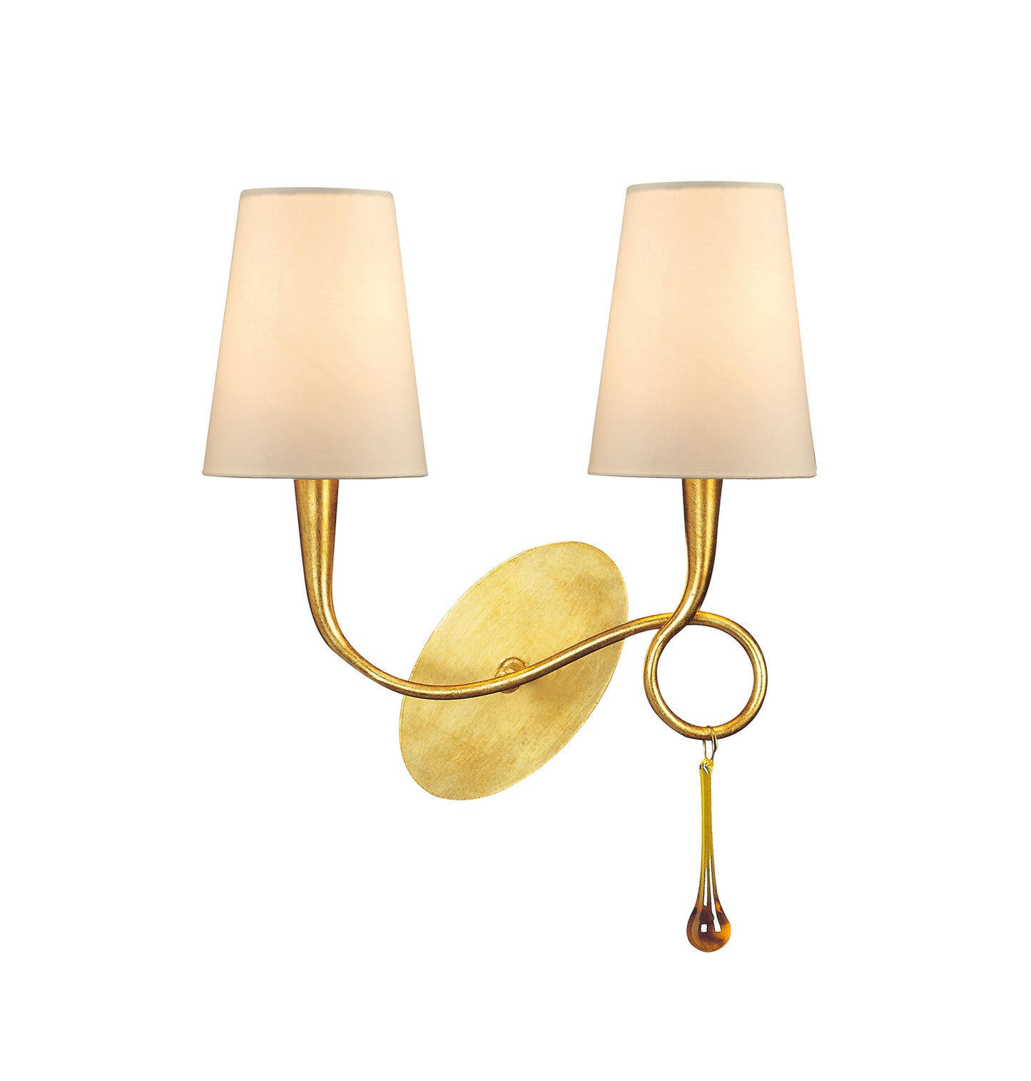 Paola Wall Lamp Switched 2 Light E14, Gold Painted With Cream Shades & Amber Glass Droplets by Mantra