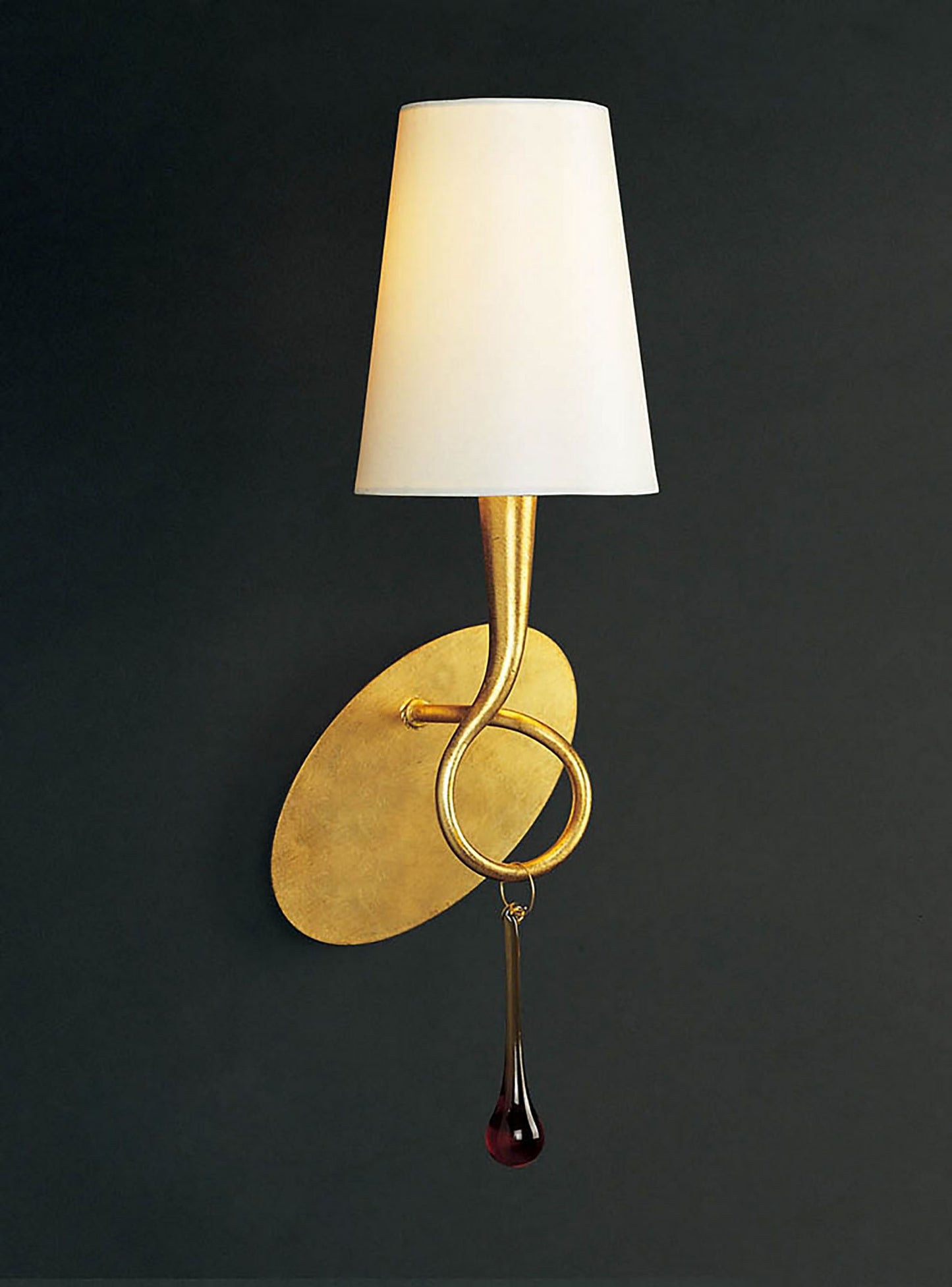 Paola Wall Lamp 1 Light E14, Gold Painted With Cream Shade & Amber Glass Droplets (3548) by Mantra