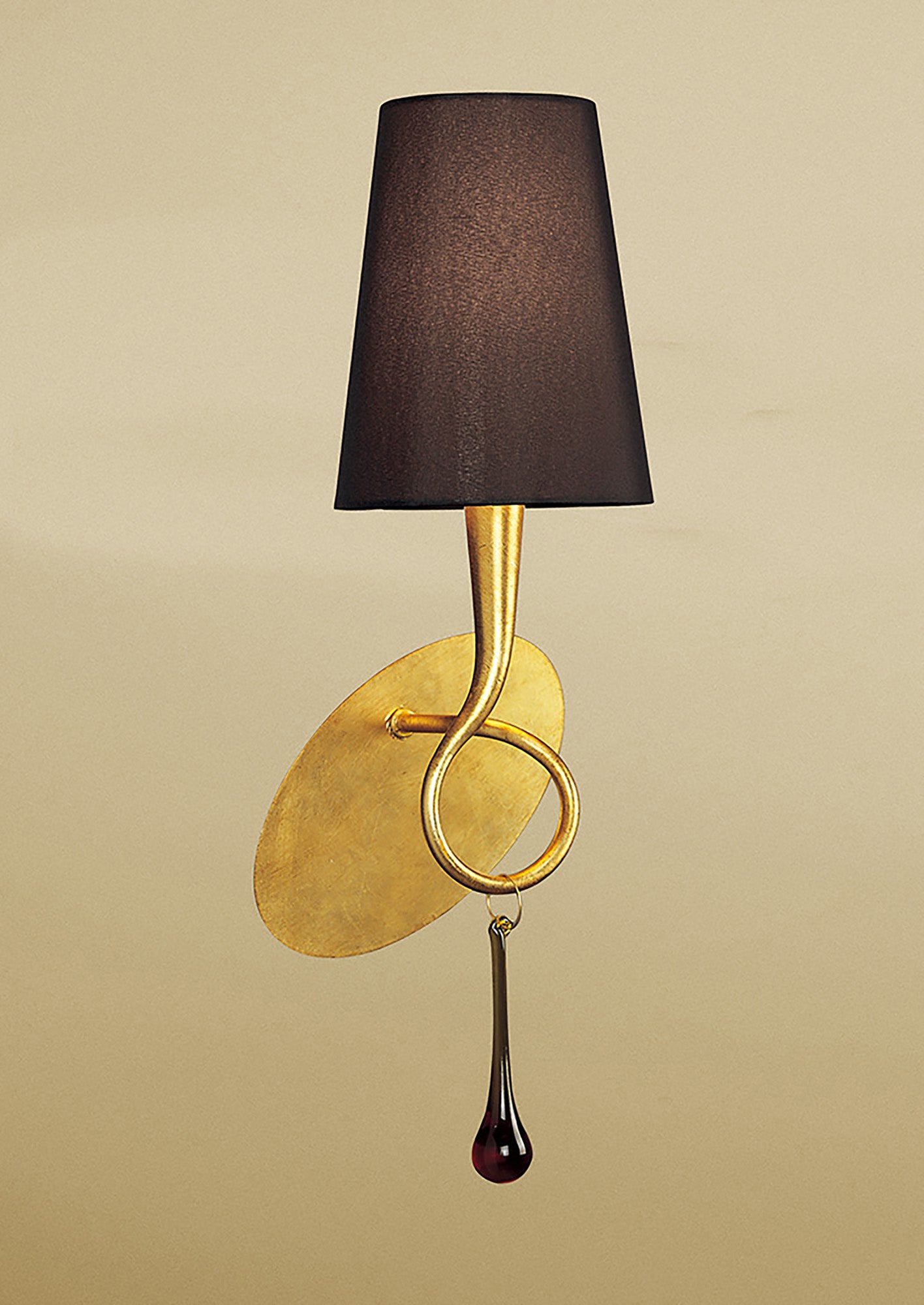 Paola Wall Lamp 1 Light E14, Gold Painted With Black Shade & Amber Glass Droplets by Mantra