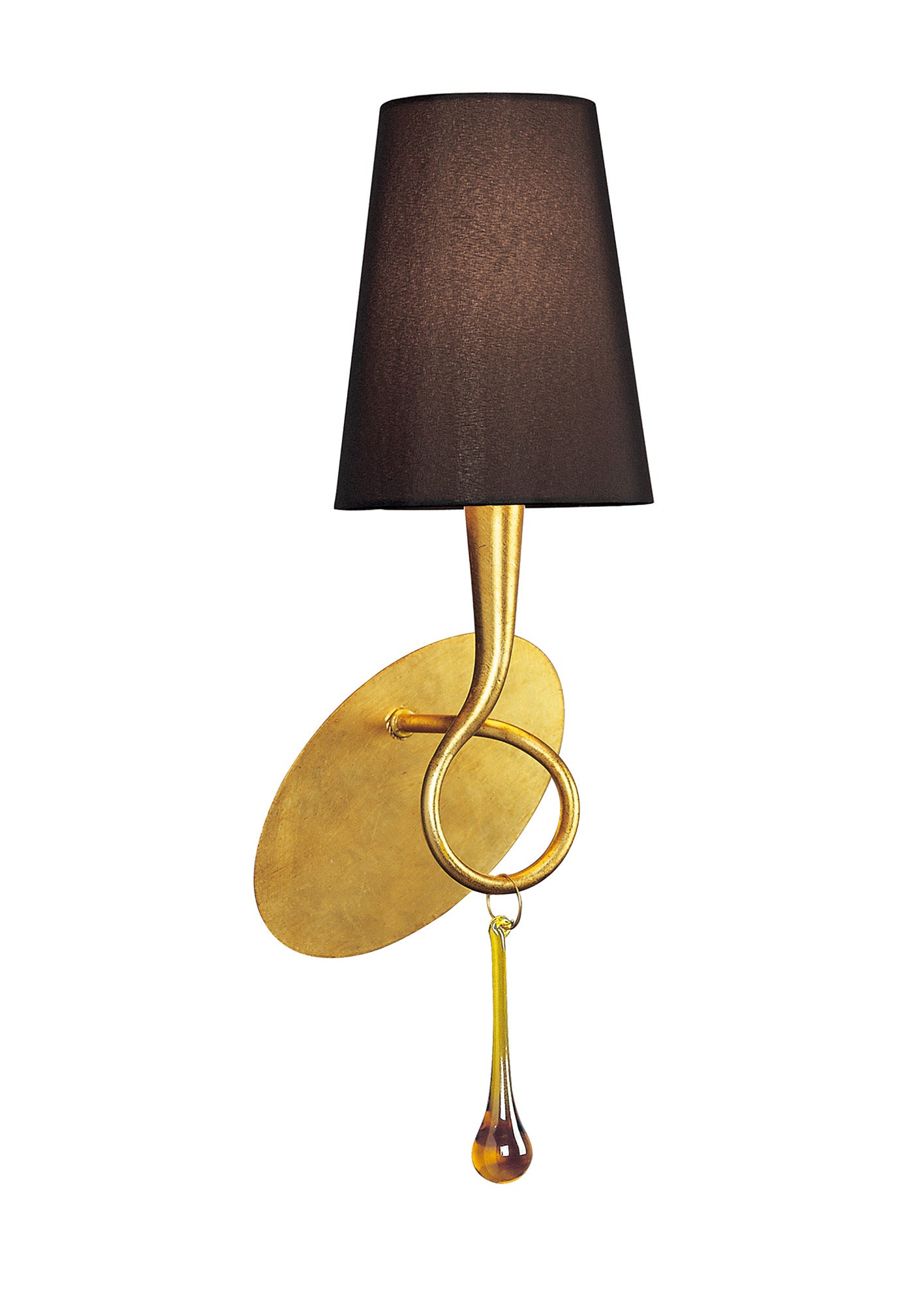 Paola Wall Lamp 1 Light E14, Gold Painted With Black Shade & Amber Glass Droplets by Mantra