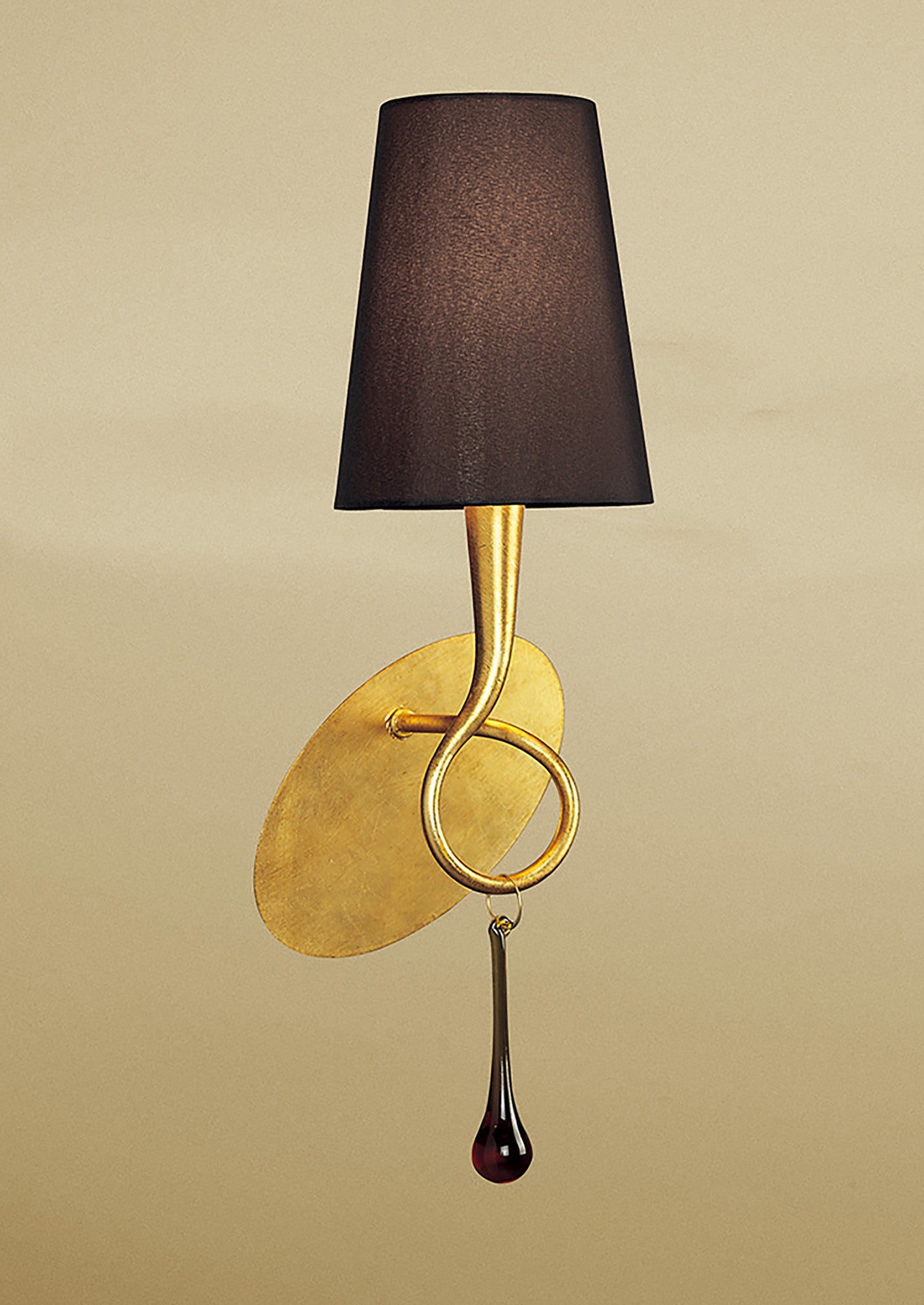 Paola Wall Lamp Switched 1 Light E14, Gold Painted With Black Shade & Amber Glass Droplets by Mantra