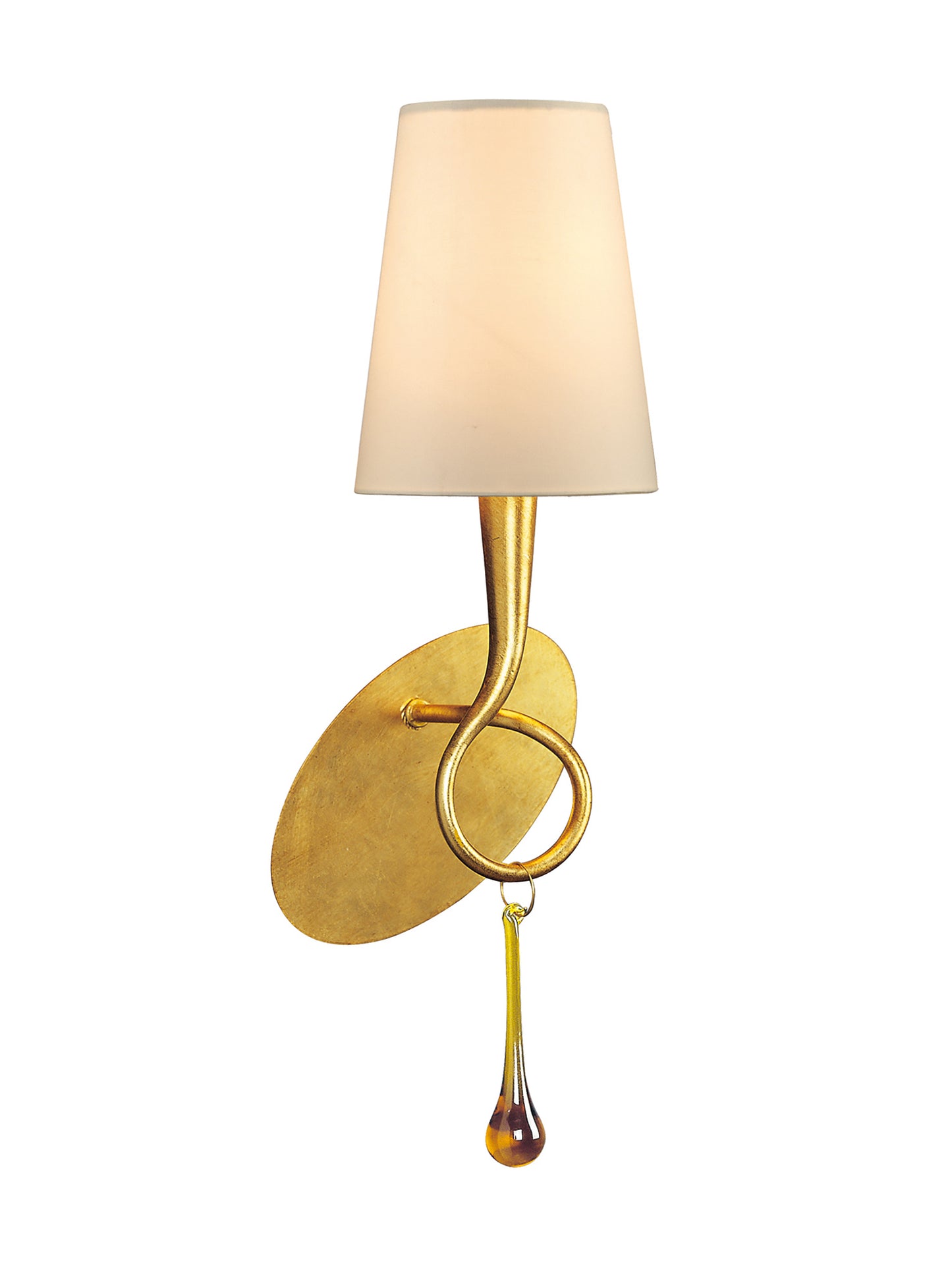 Paola Wall Lamp Switched 1 Light E14, Gold Painted With Cream Shade & Amber Glass Droplets by Mantra