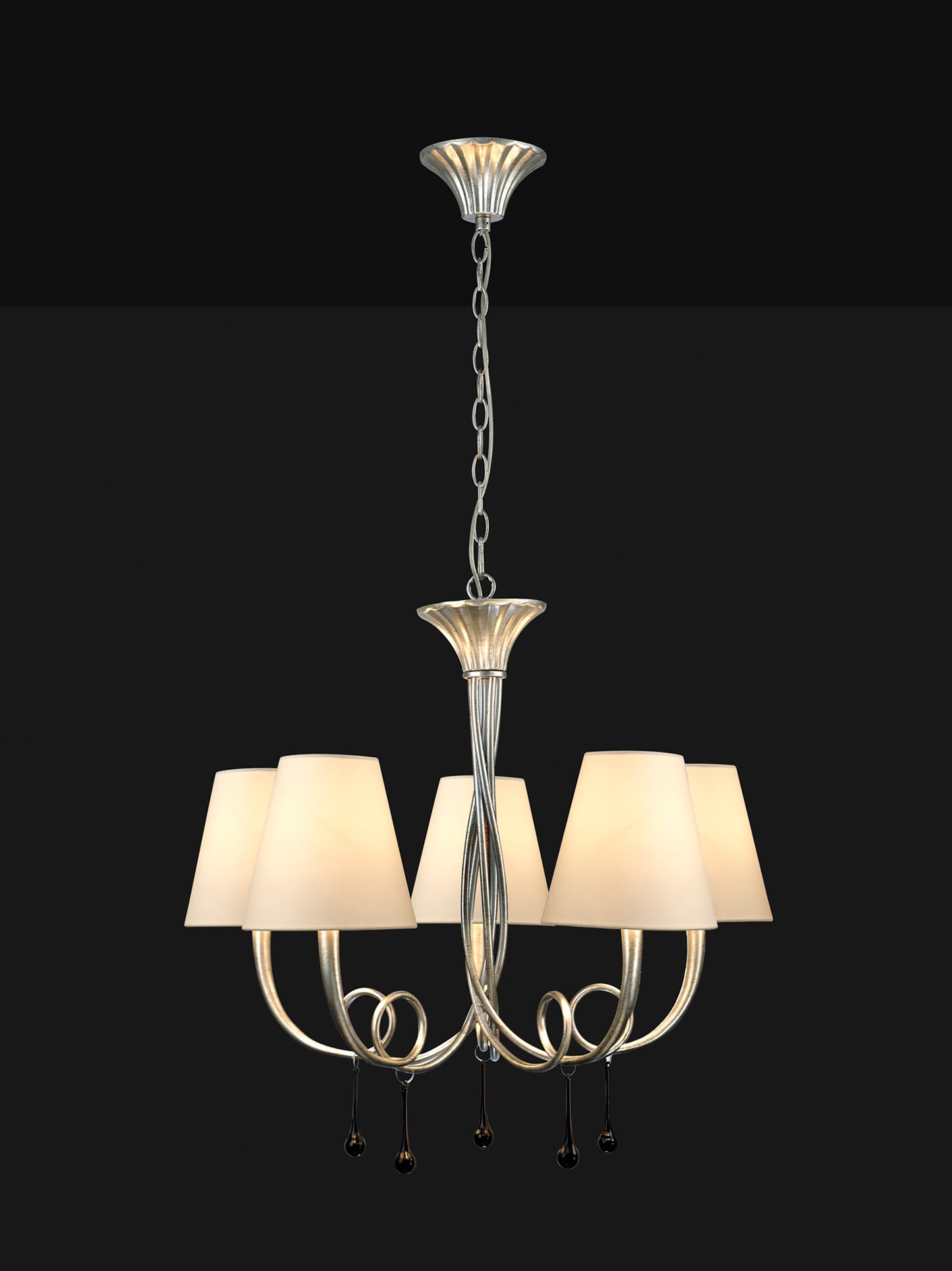 Paola Pendant 70cm Round, 5 x E14 (Max 40W), Silver Painting, Cream Shades by Mantra