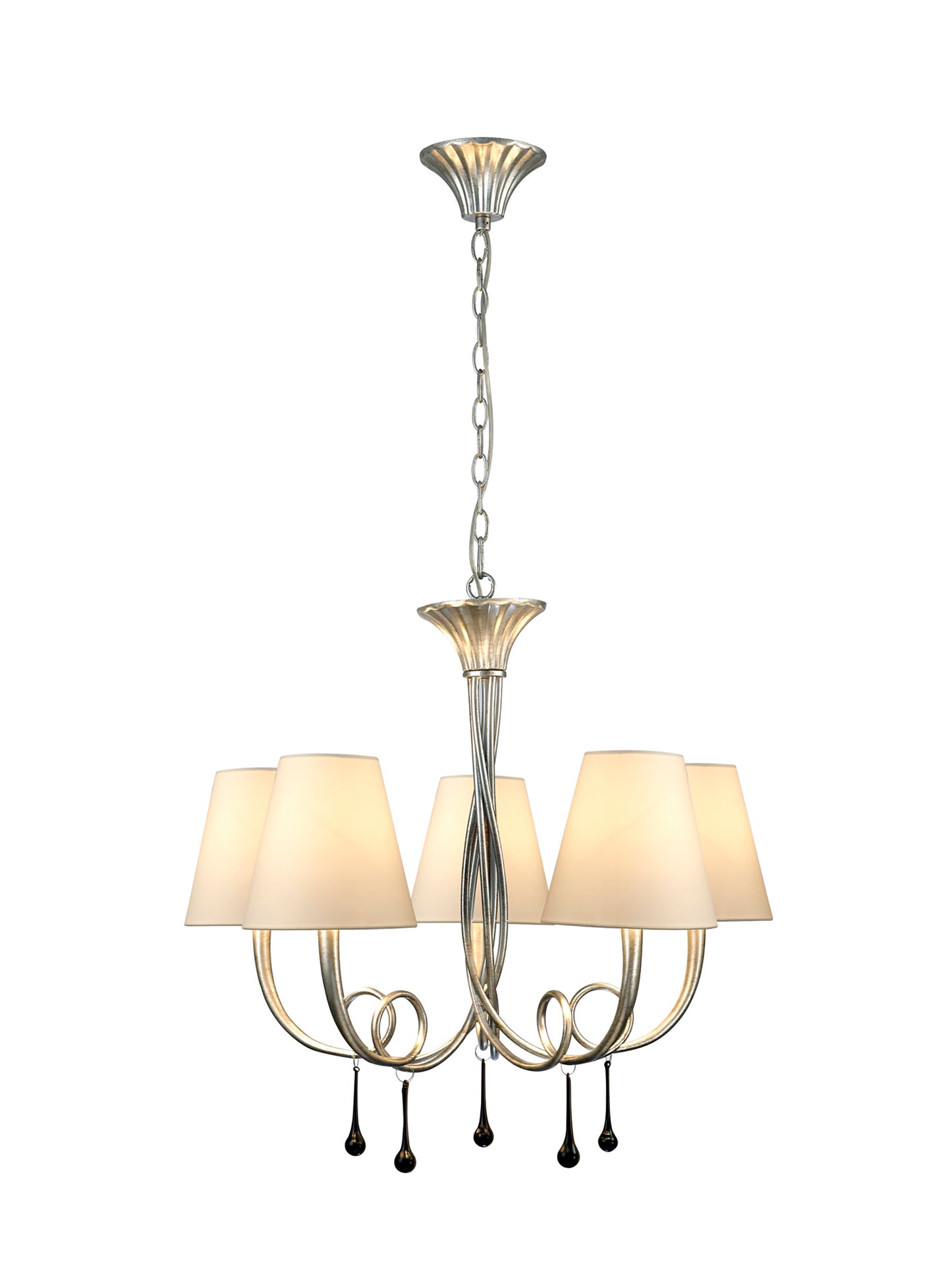 Paola Pendant 70cm Round, 5 x E14 (Max 40W), Silver Painting, Cream Shades by Mantra