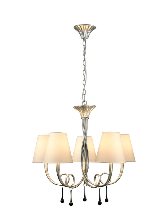 Paola Pendant 70cm Round, 5 x E14 (Max 40W), Silver Painting, Cream Shades by Mantra