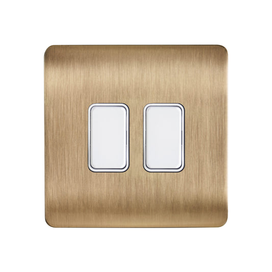 Decorative Kinetic Switch - 2 Gang, Satin Brass Front, White switch and body- Non Dimmable