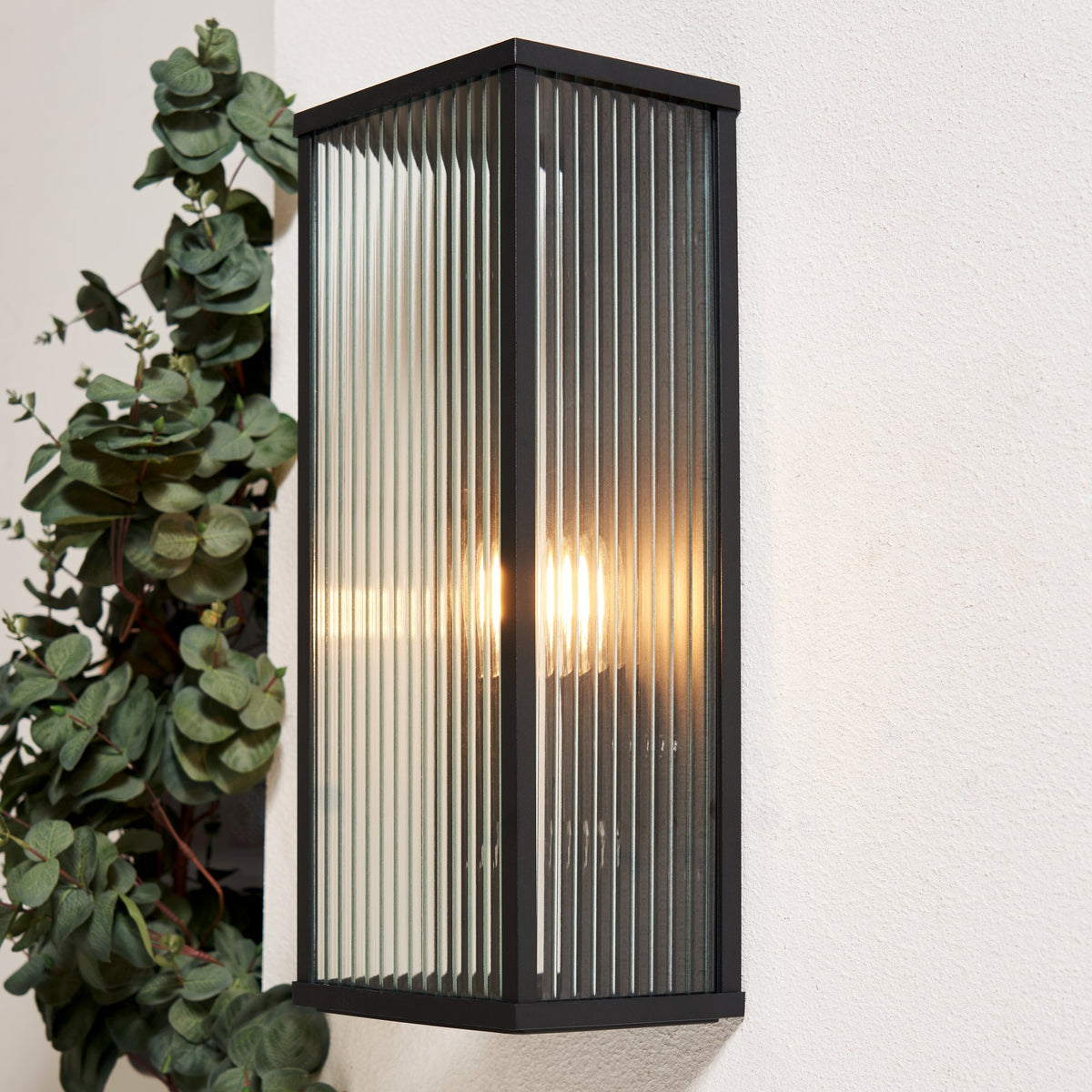 Memphis Outdoor Box Frame Lantern with Ribbed Glass - Black