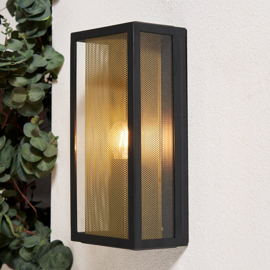Cuba Outdoor Box Lantern Wall Light with Brass Mesh Insert - Black