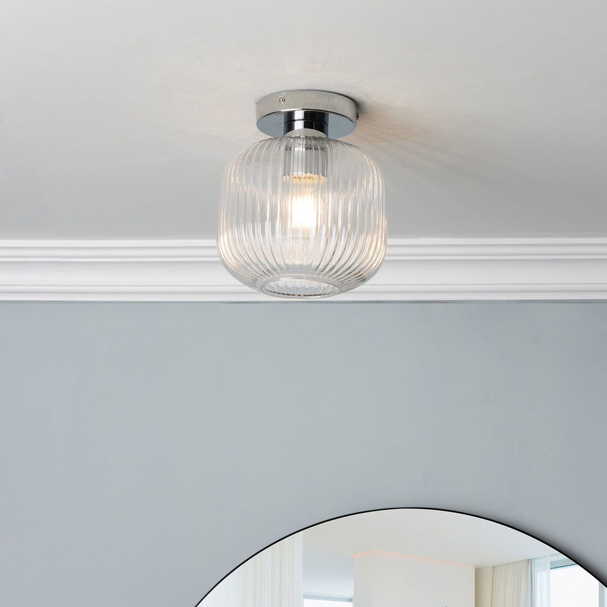 Quebec Ribbed Glass Bathroom Flush Ceiling Light - Chrome