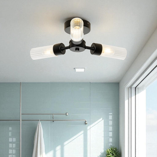 Ottawa Ribbed Three Light Ceiling Flush. IP44. Black