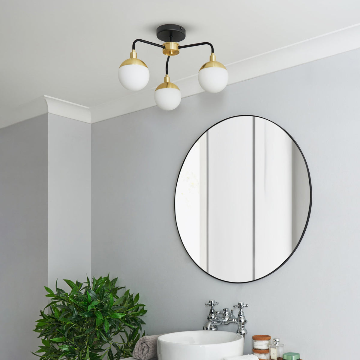 Lille Bathroom Semi Flush Ceiling Light, Black and Brass