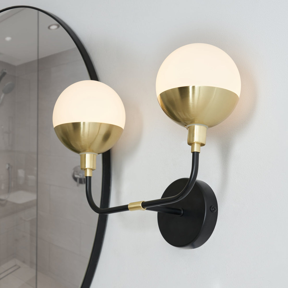Lille 2 Light Bathroom Wall Light, Black and Brass