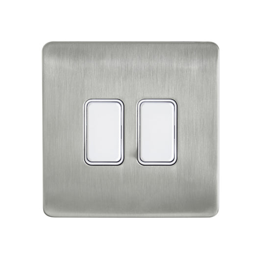 Decorative Kinetic Switch - 2 Gang, Satin Nickel Front, White switch and body- Non Dimmable