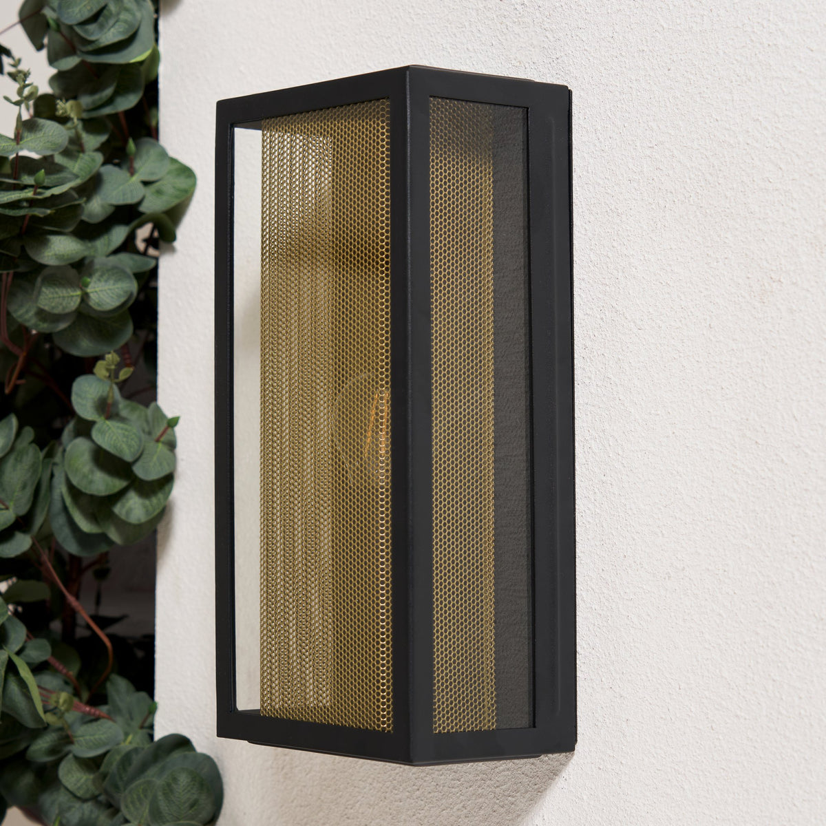 Cuba Outdoor Box Lantern Wall Light with Brass Mesh Insert - Black