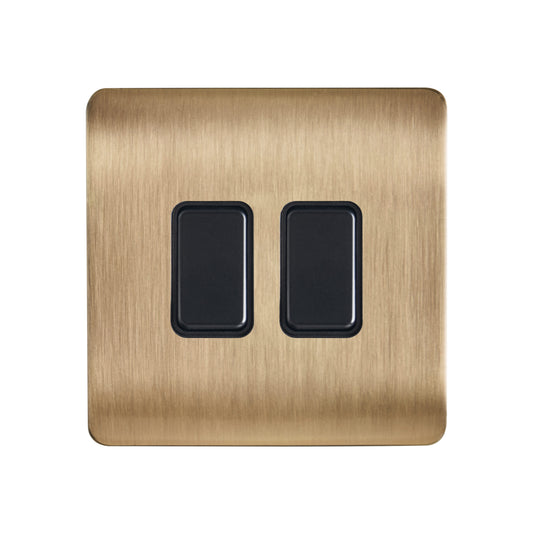 Decorative Kinetic Switch - 2 Gang, Satin BrassFront, Black switch and body- Non Dimmable