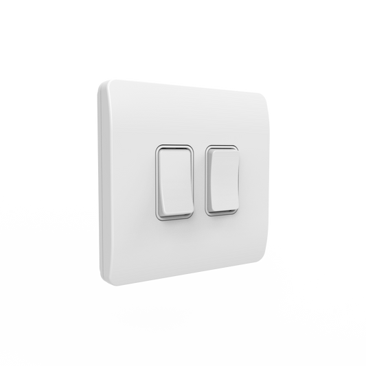 Slimline Kinetic Switch- 2 Gang, White body, white switches. -Non- Dimmable