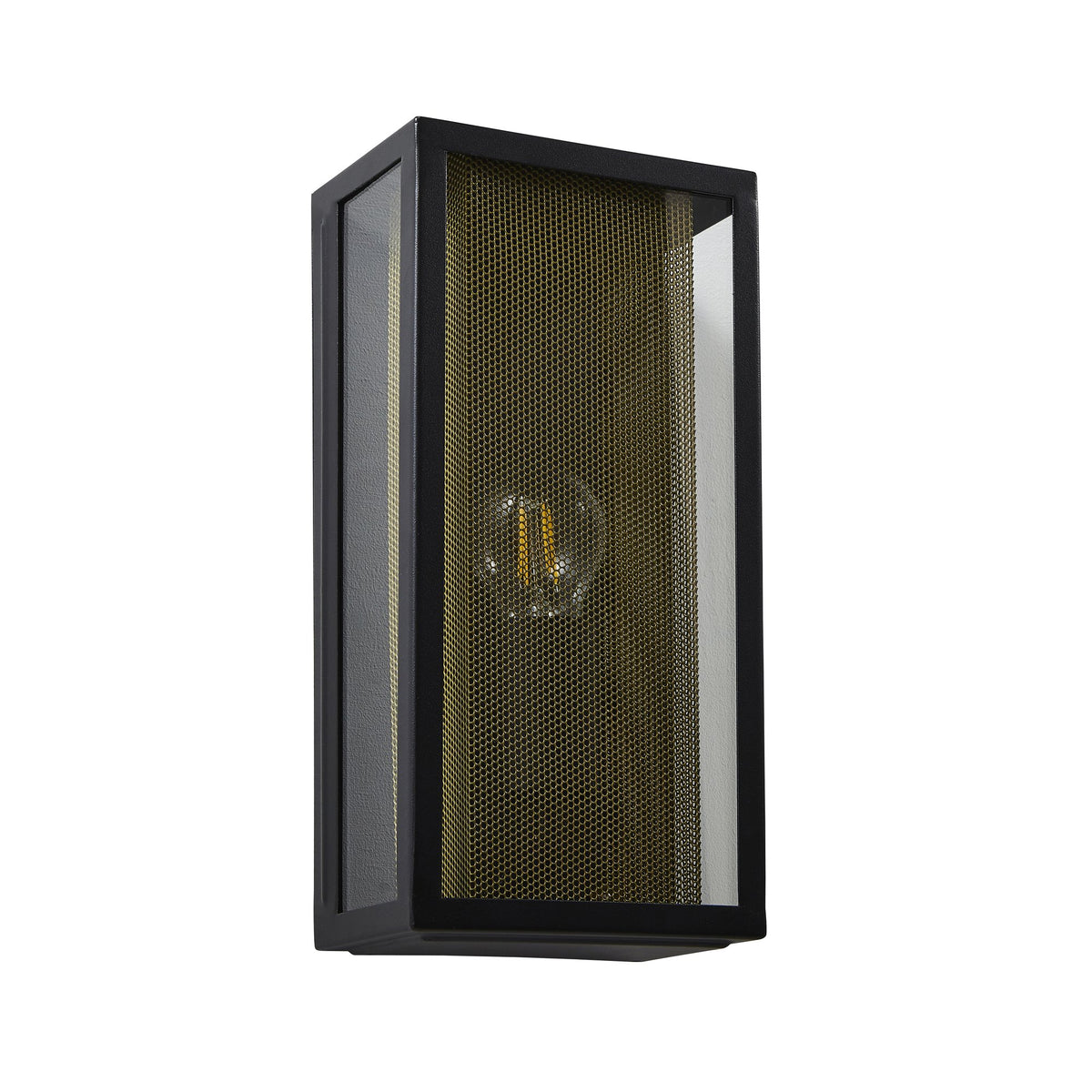 Cuba Outdoor Box Lantern Wall Light with Brass Mesh Insert - Black
