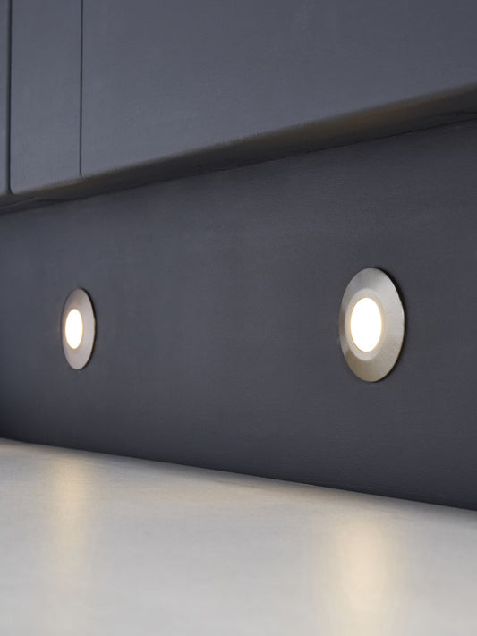 Ohio Circular Recessed Warm LED Kitchen Plinth and Outdoor Decking Light - Brushed Steel