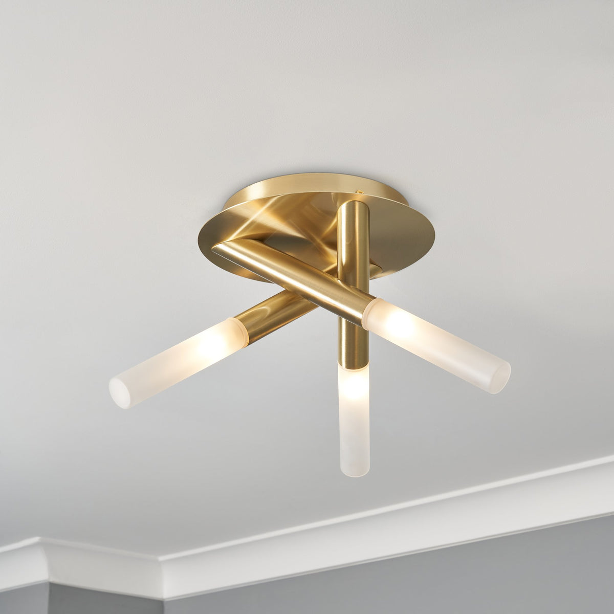 Crux Bathroom Flush Ceiling Light, Satin Brass
