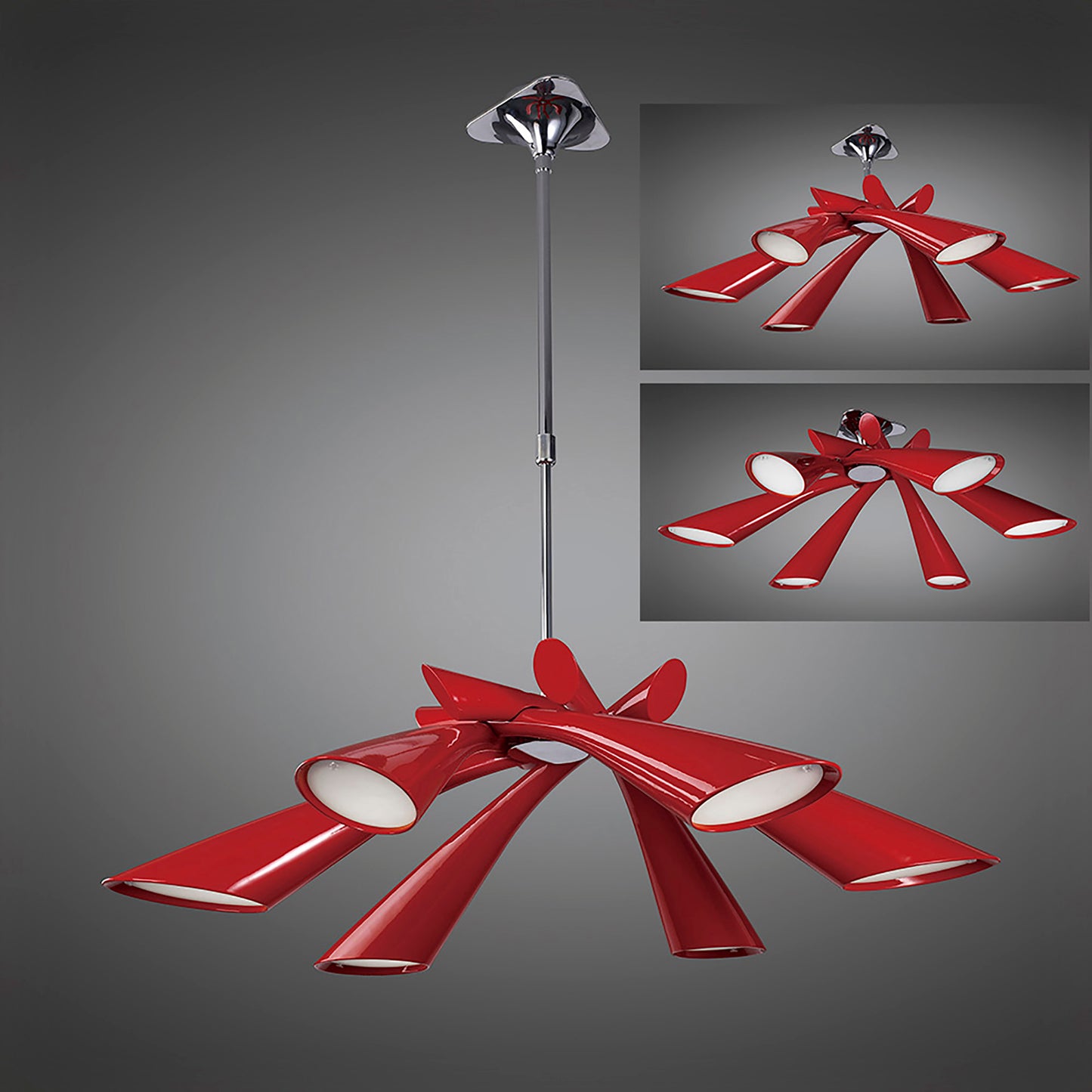 Pop Pendant/Ceiling Convertible To Semi Flush 6 Light E27, Gloss Red/White Acrylic/Polished Chrome, CFL Lamps INCLUDED by Mantra
