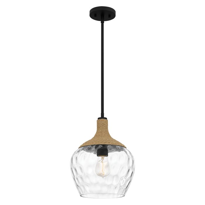 Royer 1 lt Pendant - Matte Black with natural rope detail and clear mottled blown glass shade