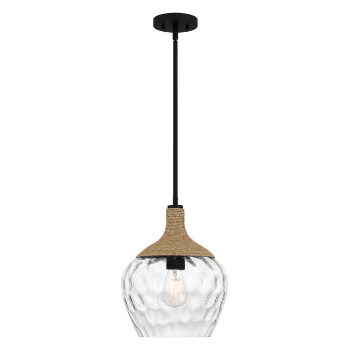 Royer 1 lt Pendant - Matte Black with natural rope detail and clear mottled blown glass shade