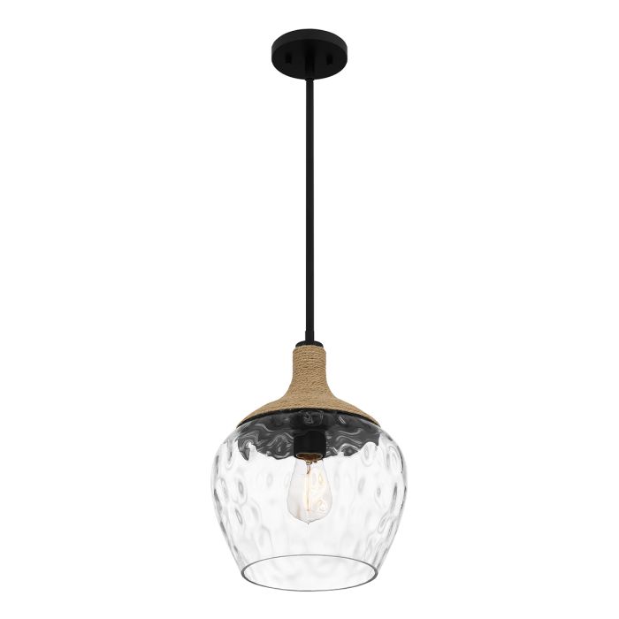 Royer 1 lt Pendant - Matte Black with natural rope detail and clear mottled blown glass shade