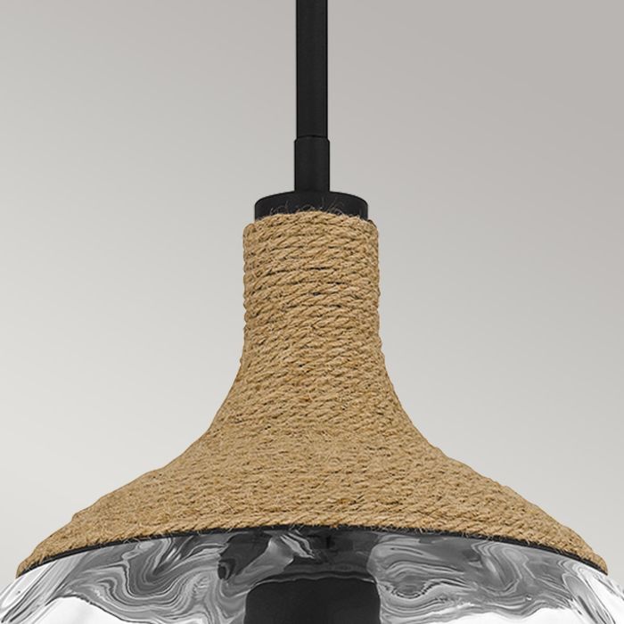 Royer 1 lt Pendant - Matte Black with natural rope detail and clear mottled blown glass shade